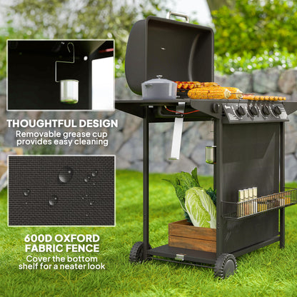 Outsunny 4+1 Burner Gas BBQ Grill, Portable Gas Barbecue Grill with Built-in Thermometer, Lid, Side Table, Shelf, Spice Rack, Wheels, Grease Cup for Garden Party Outdoor Cooking, Black