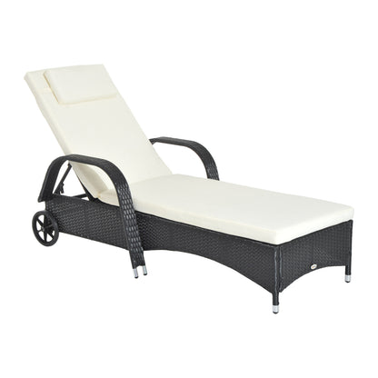 Outsunny Rattan Sun Lounger, Garden Lounger Recliner with Wheels and Adjustable Backrest, Outdoor Reclining Sunbed Garden Chair with Cushion and Headrest for Patio, Beach, Terrace, Black