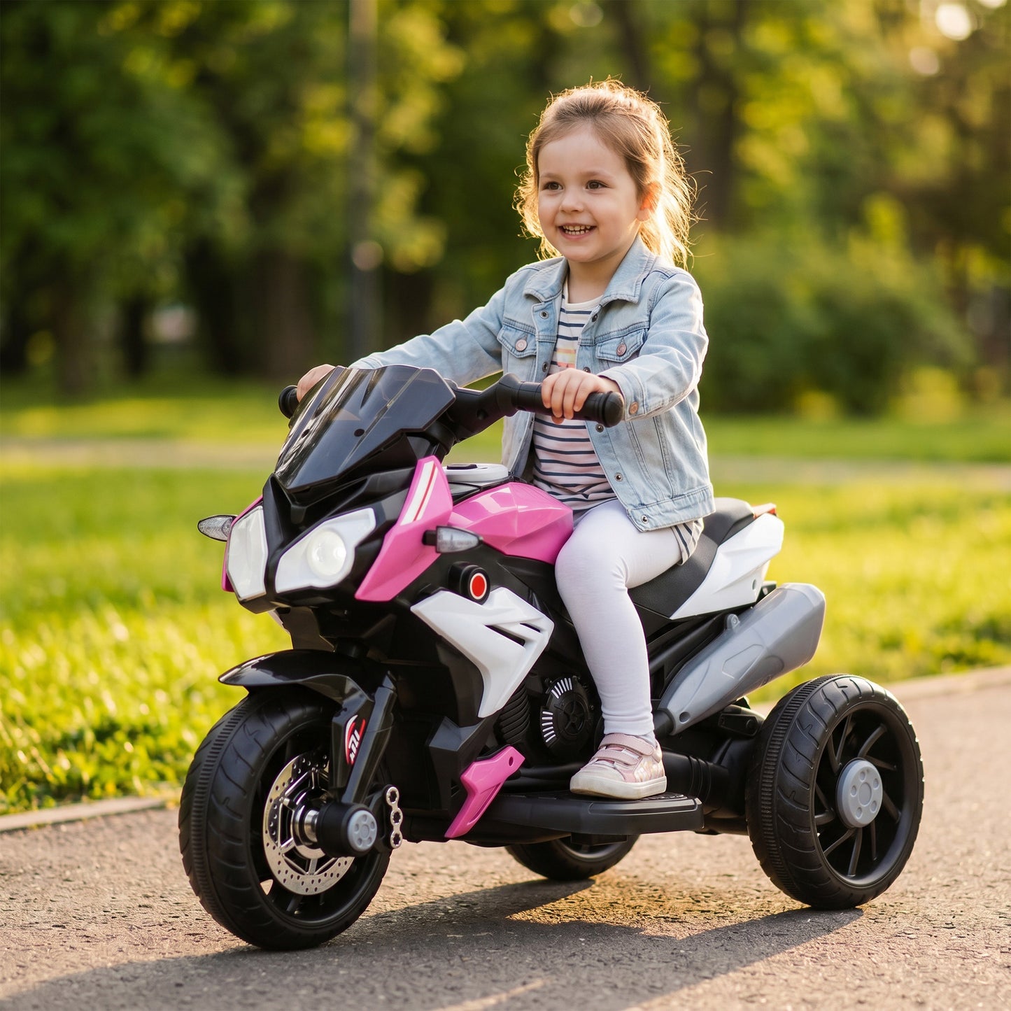 HOMCOM Kids Electric Motorcycle, 6V Ride on Motorcycle with 3 Wheels, LED Headlight, Music, Horn for Boys Girls 3-5 Y, Pink