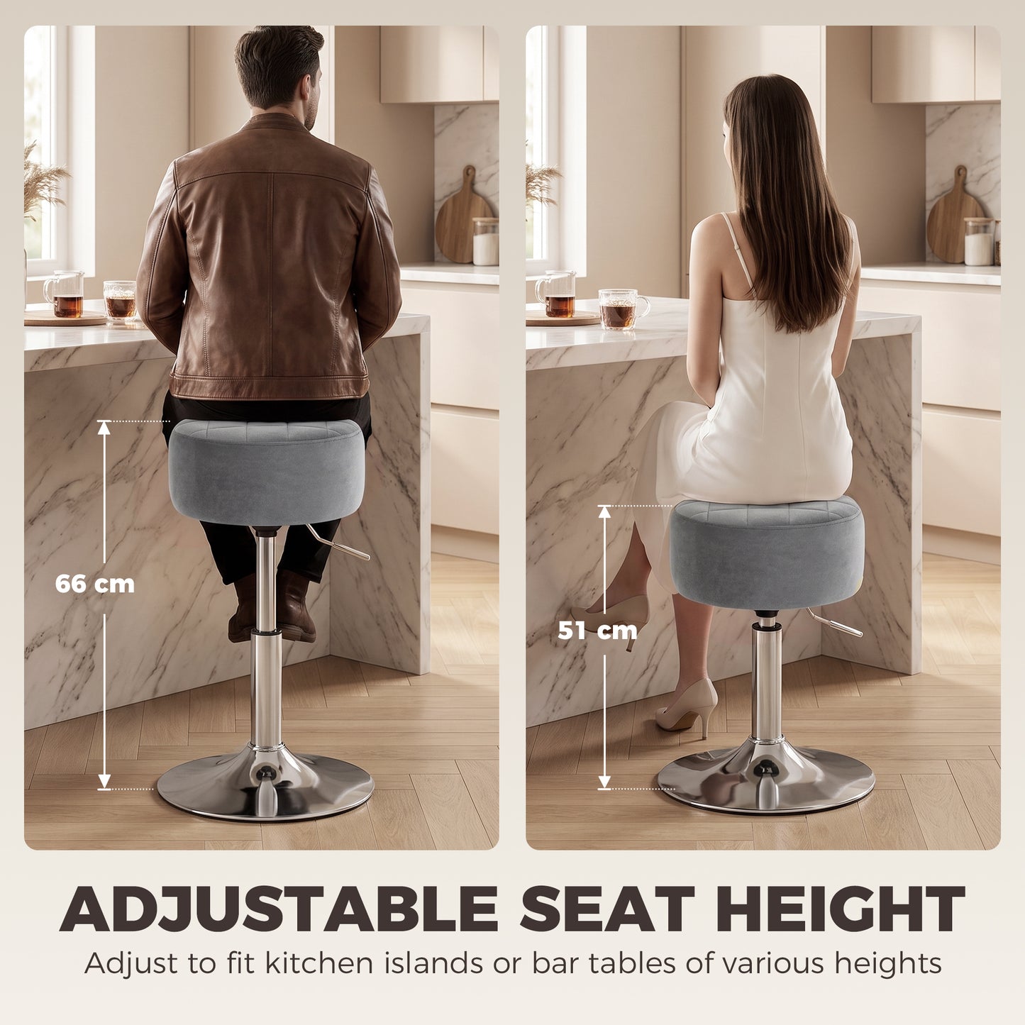 HOMCOM Bar Stool Adjustable Swivel Chair Velvet-Feel Seat 1 Piece, Grey