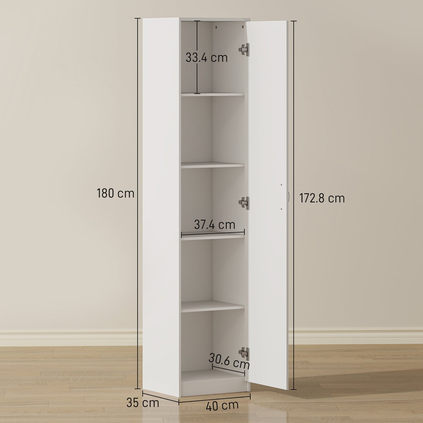 HOMCOM 180cm Tall Kitchen Cupboard, Freestanding 5-Tier Pantry Storage Cabinet with Adjustable Shelf, White