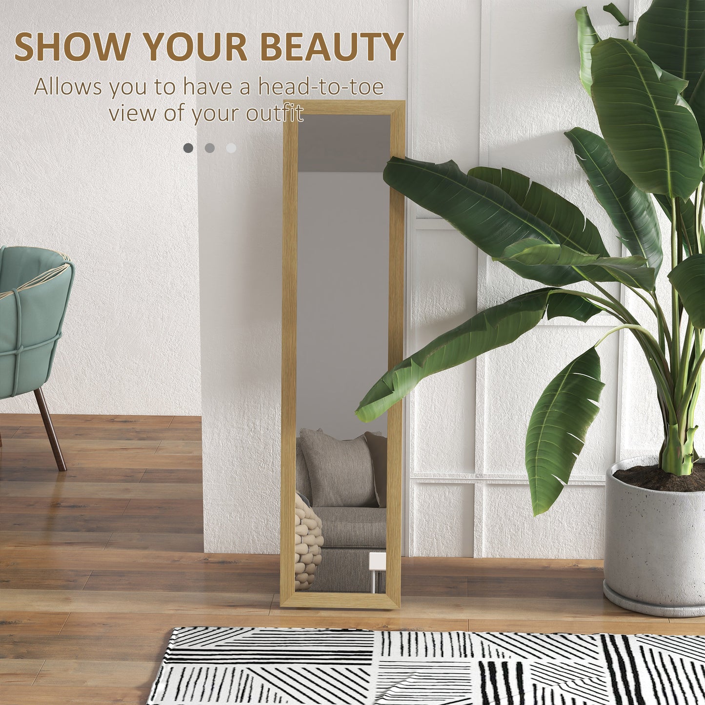 HOMCOM Full Length Mirror, 37 x 157 cm, Hanging or Freestanding, Rectangular Glass Full Body Mirror with Frame for Living Room, Bedroom, Cloakroom, Natural