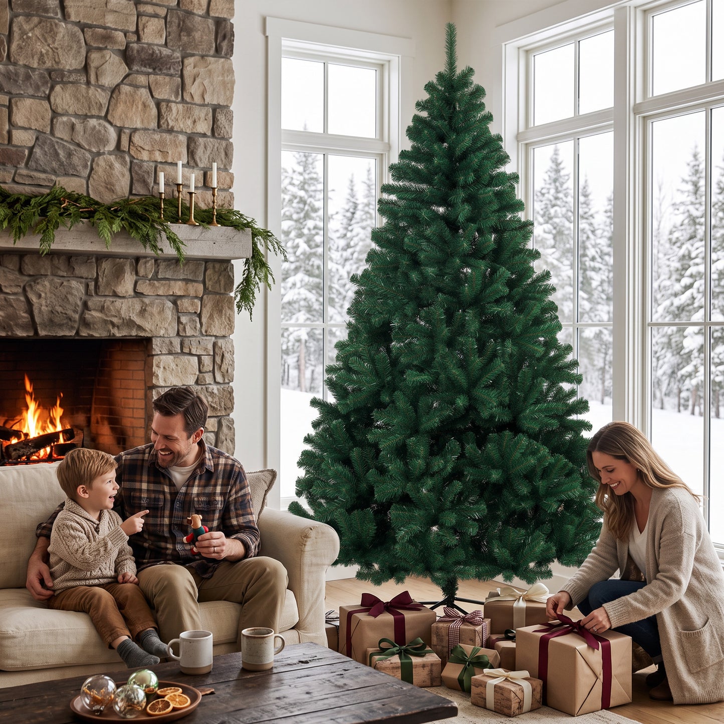 HOMCOM 7ft Artificial Christmas Tree, Fir Hinged Xmas Tree with 1100 Branch Tips, Foldable Steel Stand, Green