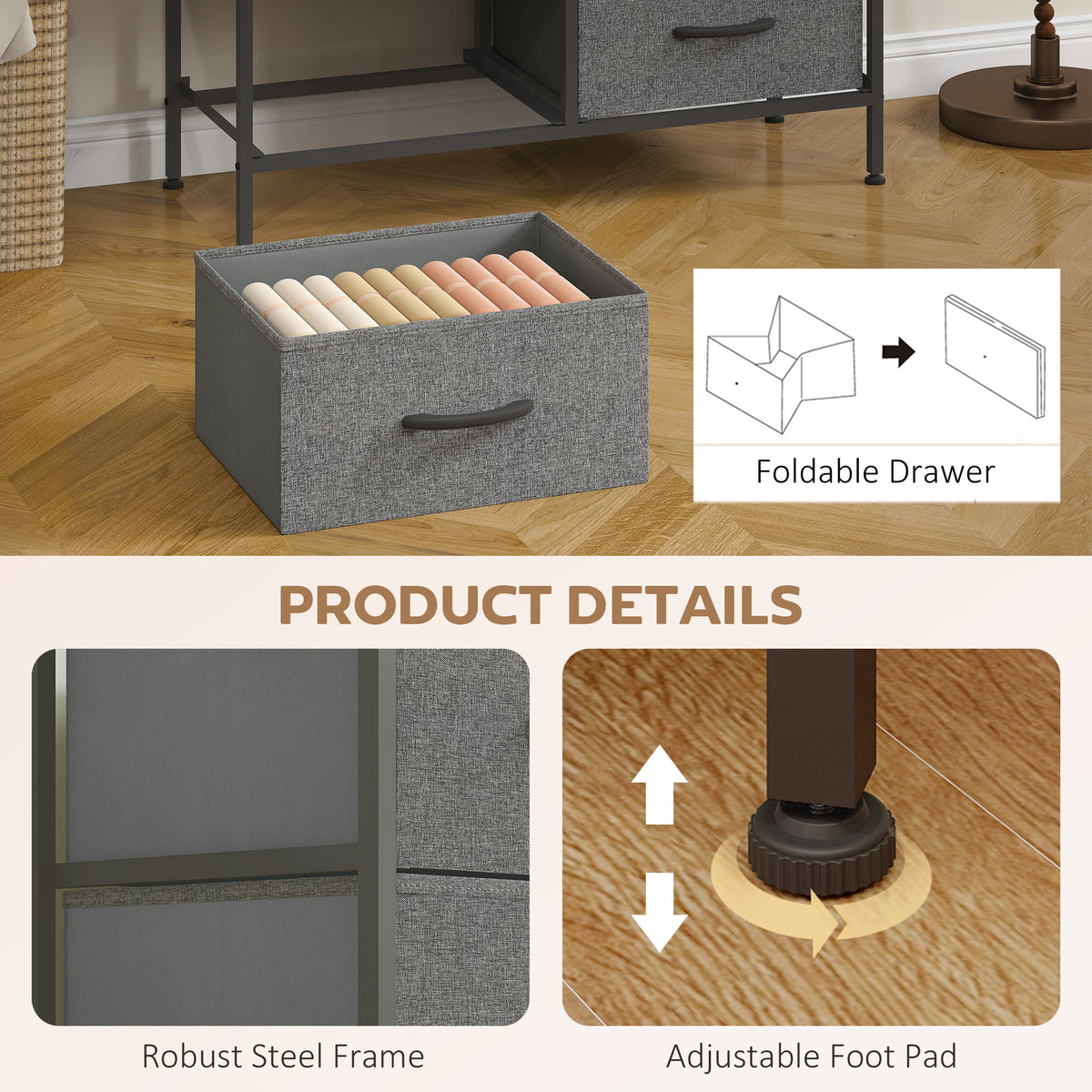HOMCOM Fabric Chest of Drawers, Industrial Bedroom Dresser with 8 Fabric Drawers, Steel Frame and Wooden Top for Nursery, Living Room, Hallway, Rustic Brown and Grey-Dressers-ChewyGames-HOMCOM