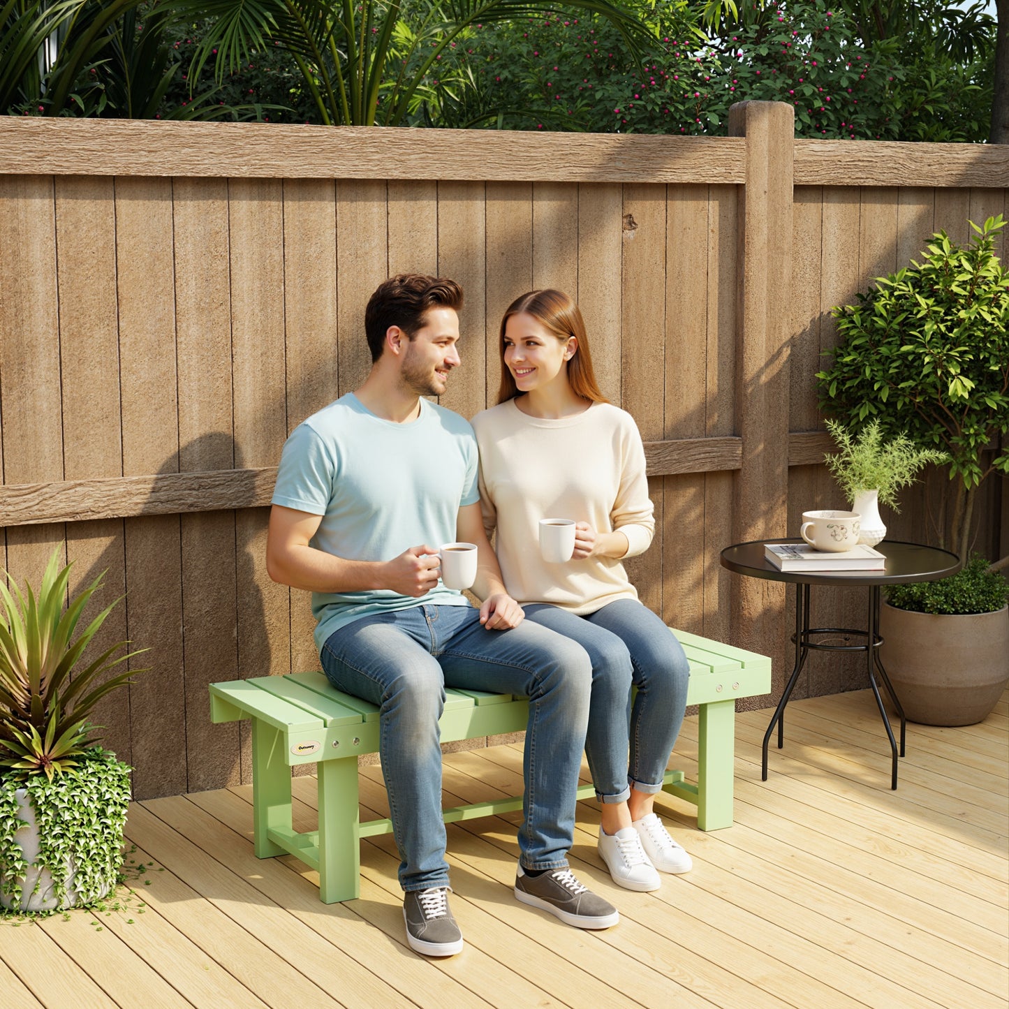 Outsunny Wooden Garden Bench, Backless Outdoor Loveseat with Slatted Seat, Light Green