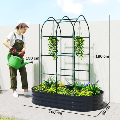 Outsunny Galvanised Raised Garden Bed with Arched Trellis, 5 x 3 x 6ft Metal Raised Bed for Garden with Open Bottom, Dark Grey