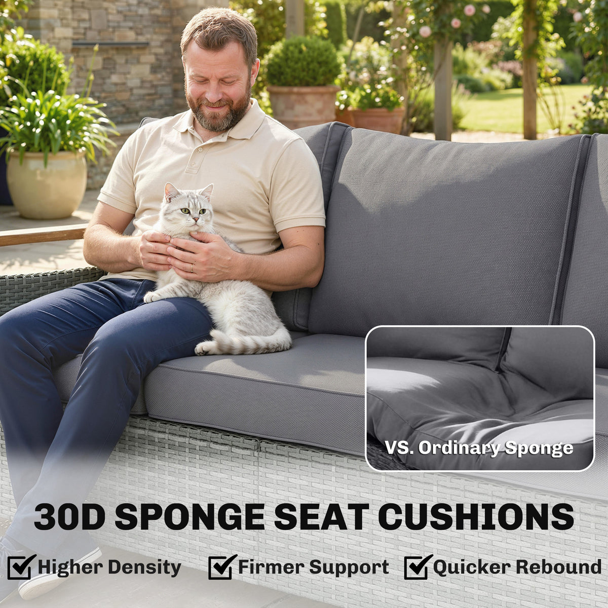Outsunny 3 Seater Rattan Garden Sofa, PE Wicker Outdoor Sofa Wide Deep Seat, 4" Cushions, Wood-Effect Armrests Legs, Dark Grey