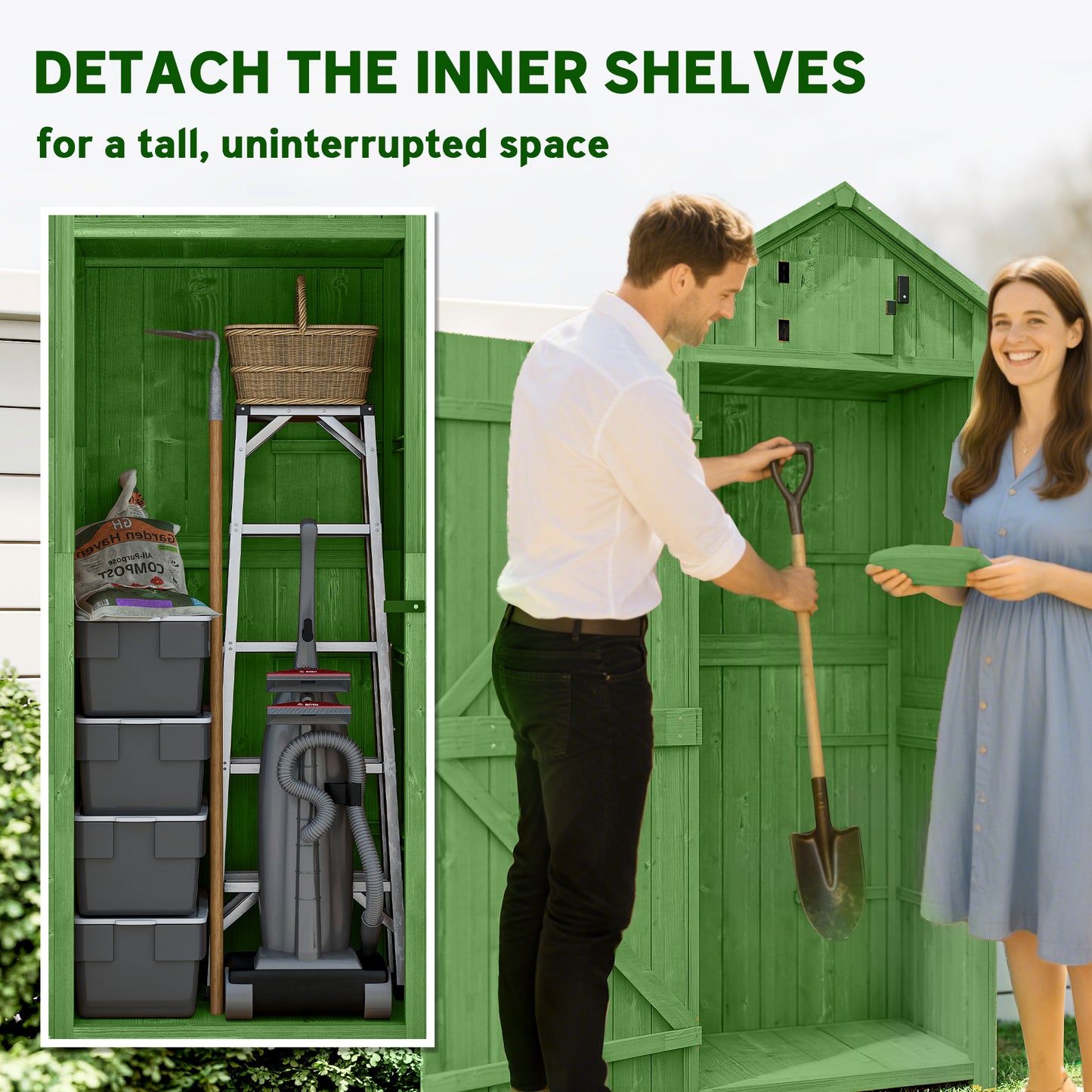 Outsunny Small Shed, Tall Slim Wooden Garden Shed with 3 Removable Shelves and Roof Hatch, Compact Outdoor Tool Storage Cabinet with Asphalt Roof and Door Latch, 77 x 54.2 x 179 cm, Green