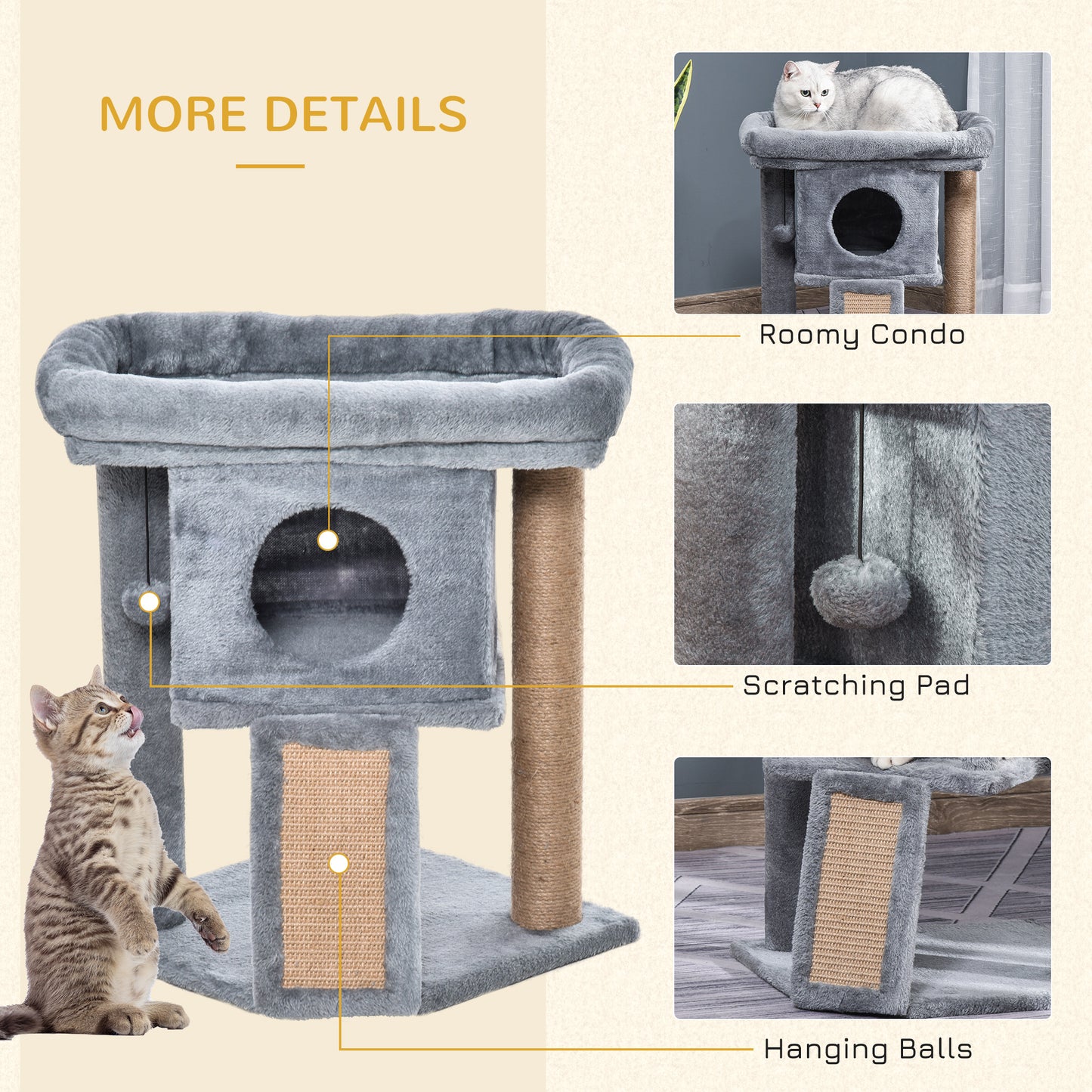PawHut Cat Tree Tower for Indoor Cats Cat Scratching Post Climbing Activity Centre w/Jute Scratching Pad, Toy Ball, Cat House - Grey--ChewyGames-ChewyGames