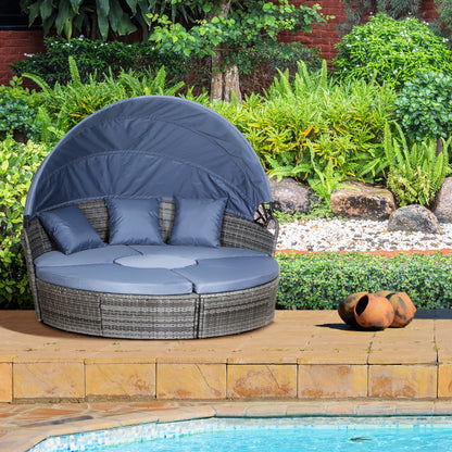 Outsunny Outdoor PE Rattan Garden Furniture with Cushioned, Patio Wicker Conversation Furniture Set, Round Daybed with Retractable Canopy, Coffee Table and Three Pillows, Grey/Blue Grey--ChewyGames-ChewyGames