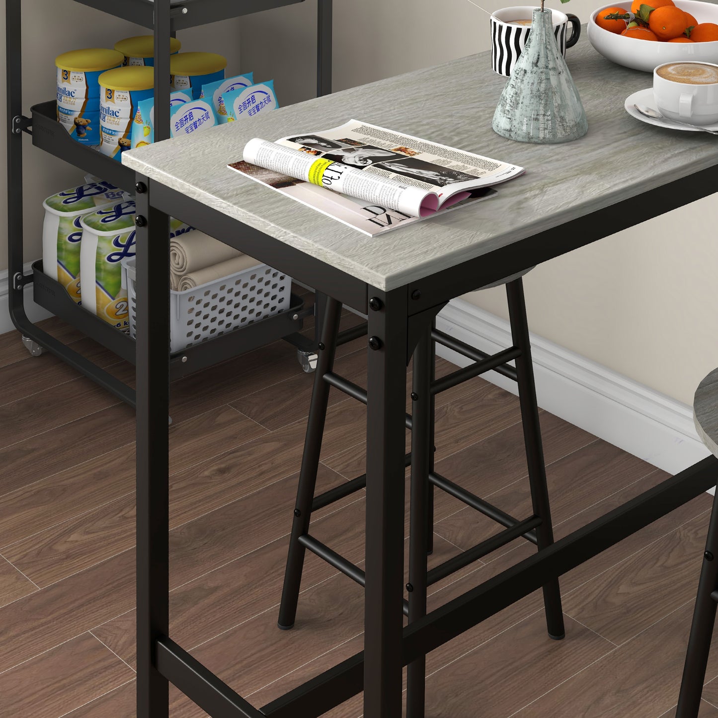 HOMCOM 3 Piece Bar Table Set with 2 Stools, Industrial Bar Table and Stool Set, Dining Table and Chair Set, Grey
