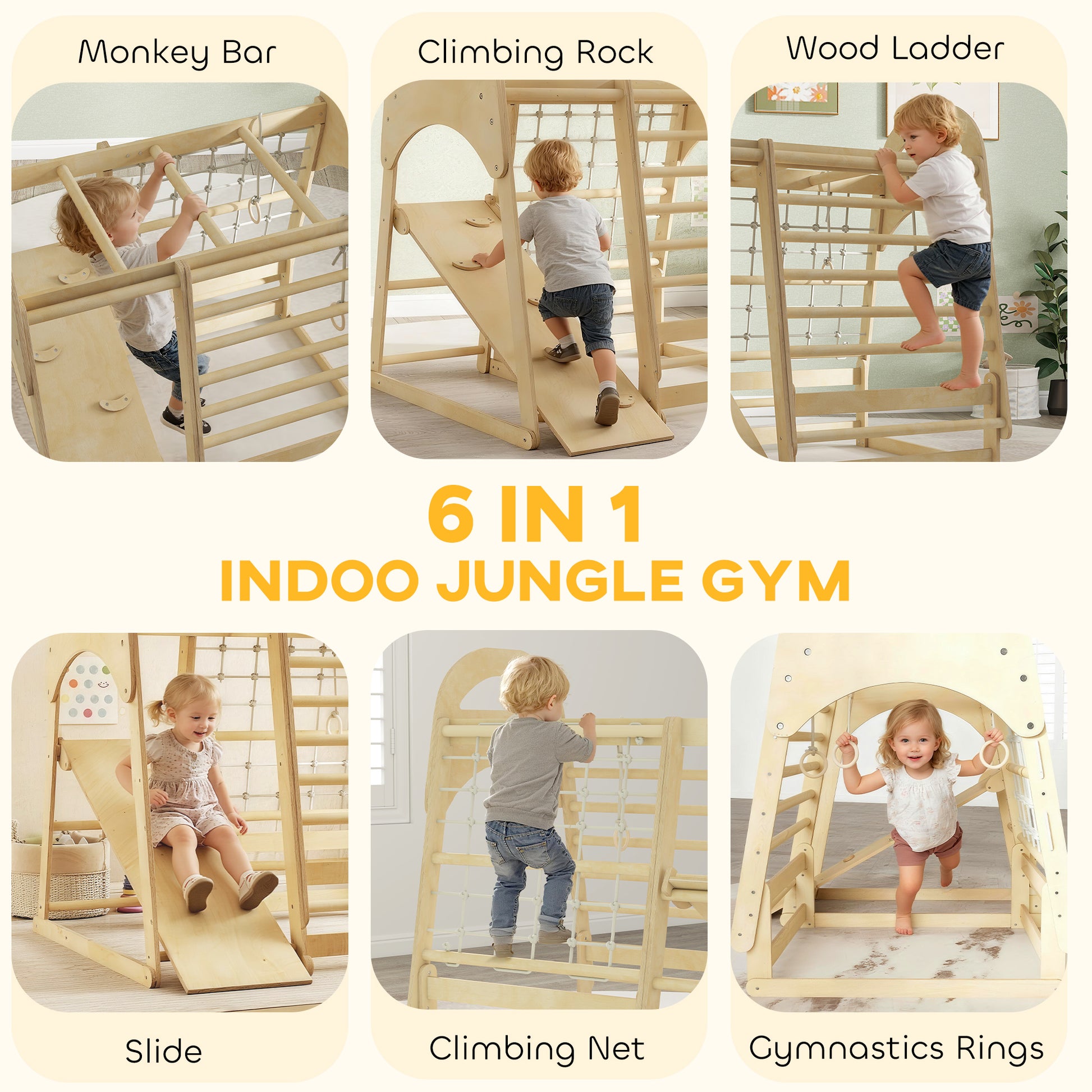 AIYAPLAY 6 in 1 Kids Climbing Frame with Slide, Monkey Bars, Gymnastics Rings, Ladder, Climbing Net, for 3-6 Years, Natural Tone--ChewyGames-ChewyGames