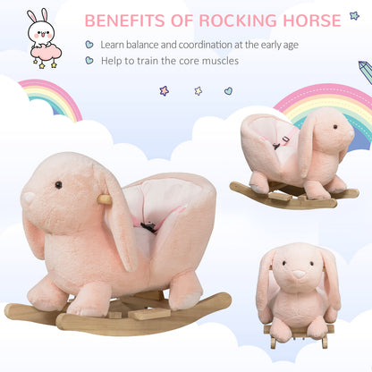 HOMCOM Baby Rocking Horse, Plush Baby Rocker Rabbit Ride-On Toy with Sound, Wood Base, Seatbelt, for Ages 18-36 Months, Pink