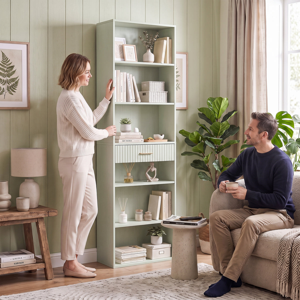 HOMCOM Bookcase Narrow Tall Space-Saving Bookshelf Drawer Open Shelves 60 x 24 x 182 cm Light Green