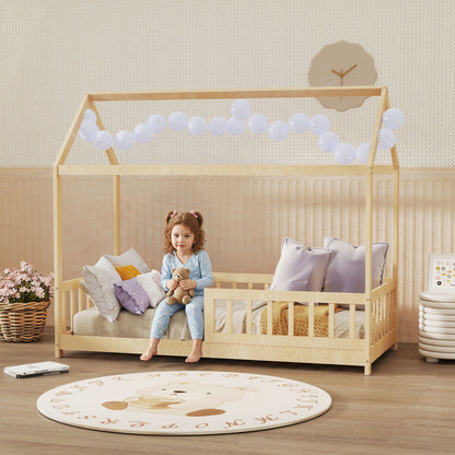 HOMCOM House-Shaped Kids Bed Frame with Guard Rails, Solid Pine Wood Single Bed Frame for Kids Boys and Girls, Natural