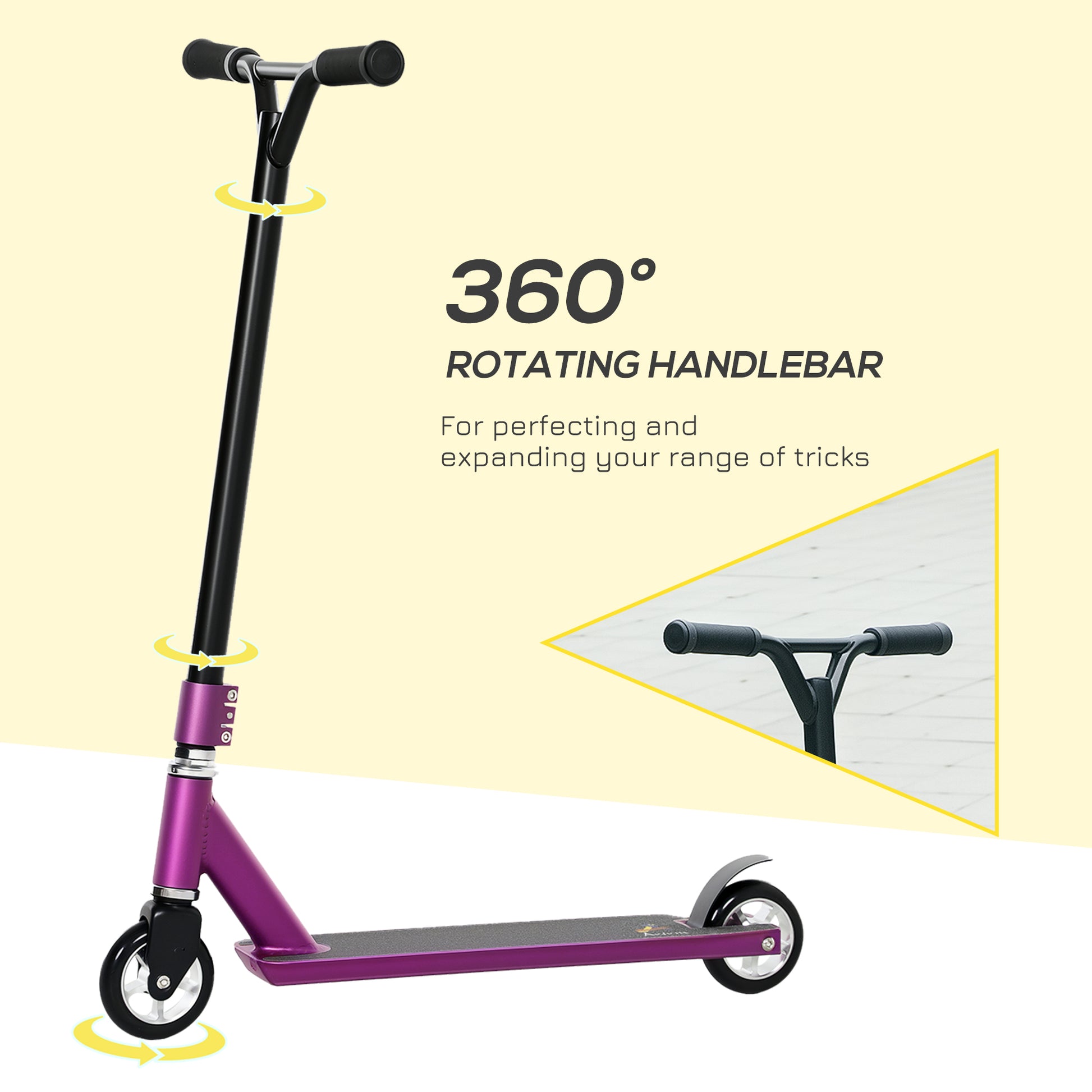 HOMCOM Stunt Scooter, 360° Entry Level Tricks Scooter w/ Lightweight Aluminium Deck and ABEC 7 Bearing, For Age 14+ Beginners, Purple--ChewyGames-ChewyGames