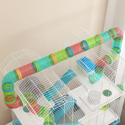 PawHut 4 Tier Hamster Cage w/ Tubes, Exercise Wheel, Hut, Water Bottle, Food Dish, Ramps, for Dwarf Hamster, Light Blue