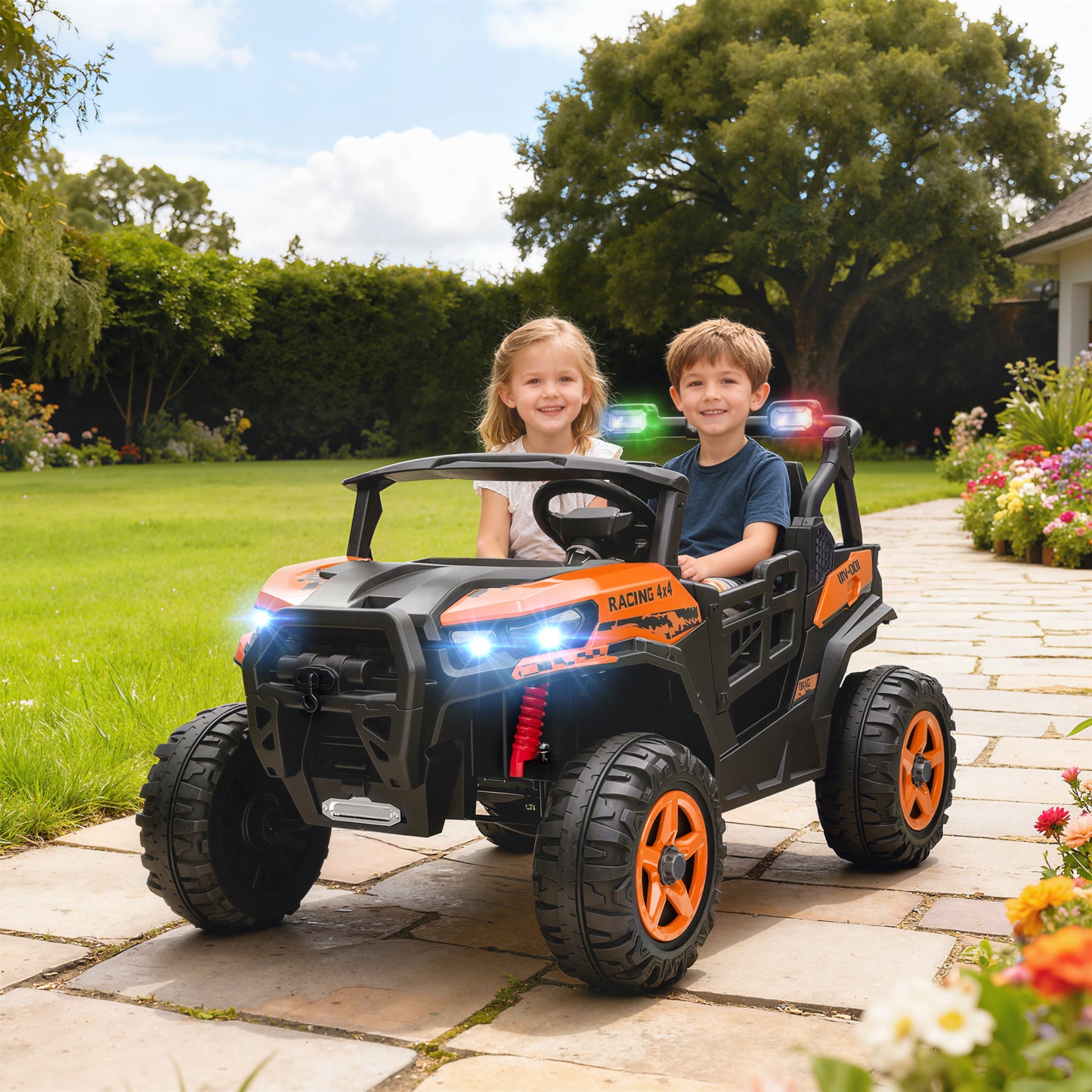 AIYAPLAY 24V Electric Ride on Car, 2-Seater Electric Car for Kids with Remote, Bluetooth, Soft Start, Suspension Spring, Orange