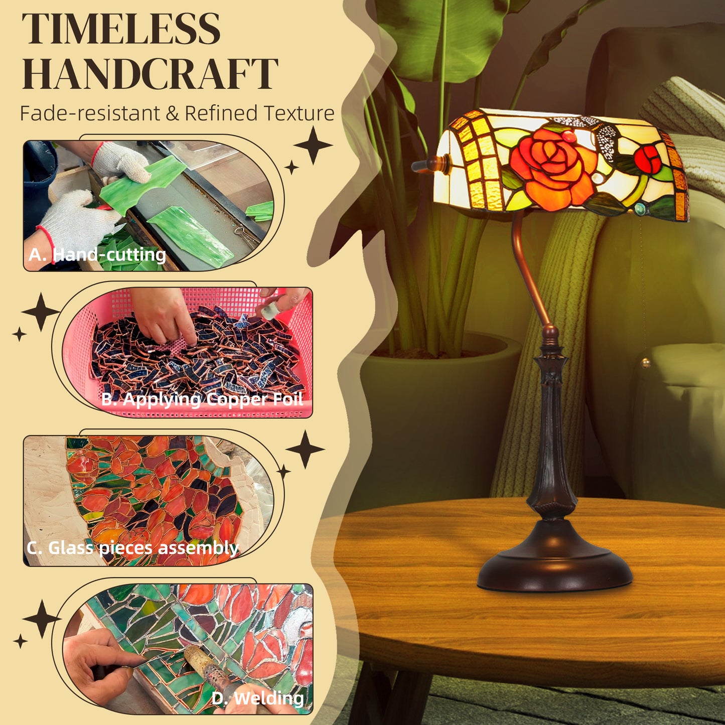 HOMCOM Tiffany-Style Rose and Butterfly Table Lamp - Multi