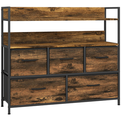 HOMCOM Rustic Chest of Five Fabric Drawers - Rustic Brown
