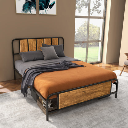 HOMCOM 4.8ft Double Bed Frame with Industrial Wood Headboard, Steel Slat Support and 25.5cm Underbed Storage Space, 145 x 197cm, Rustic Brown