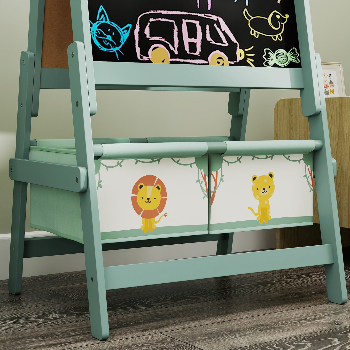AIYAPLAY Art Easel for Kids, Double-Sided Whiteboard/Blackboard with Paper Roll, Two Storage Boxes, for Ages 3-8 Years, Green