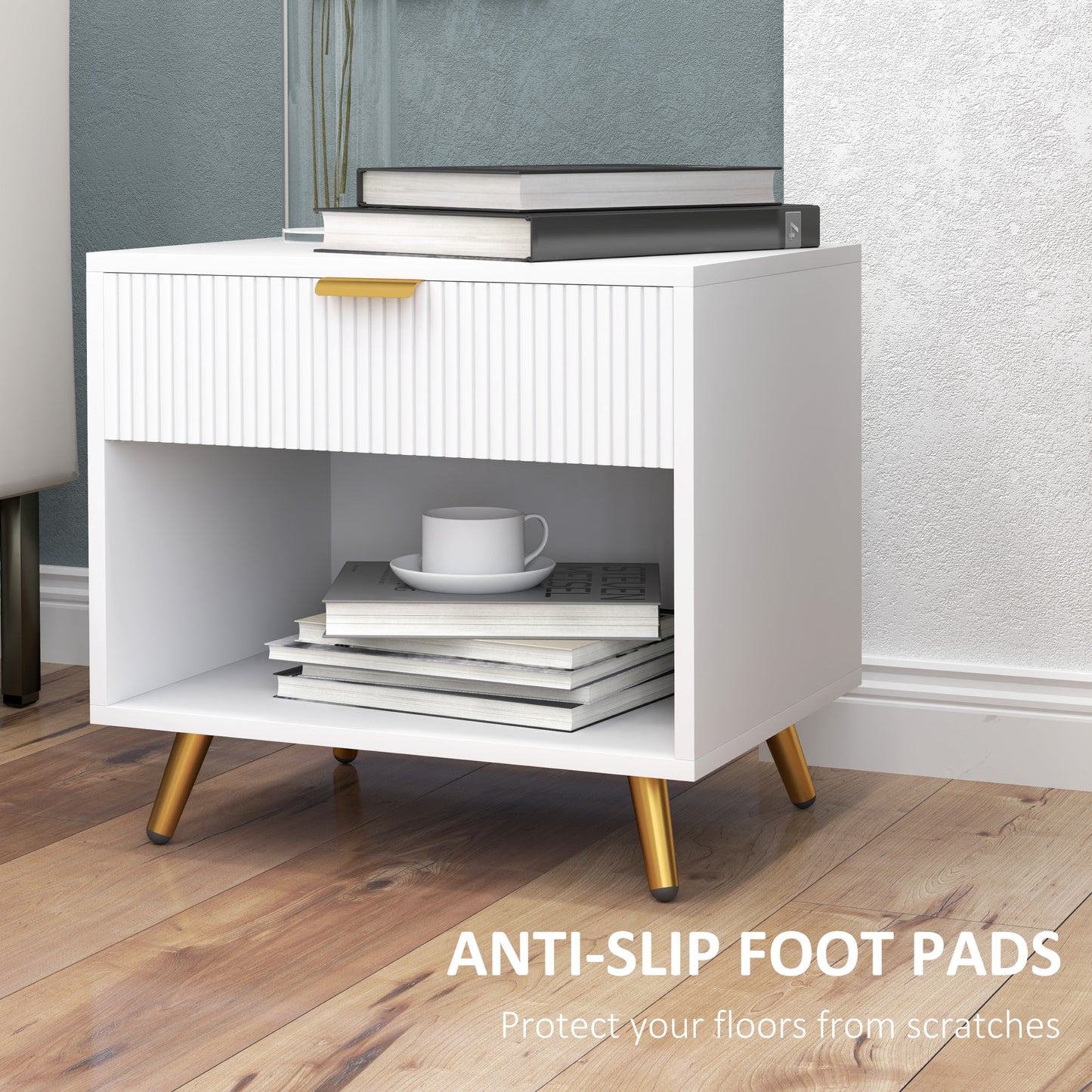 HOMCOM Bedside Tables Set of 2, Bedside Cabinets With Drawer and Open Compartment, Nightstands With Handle for Bedroom, Living Room, White