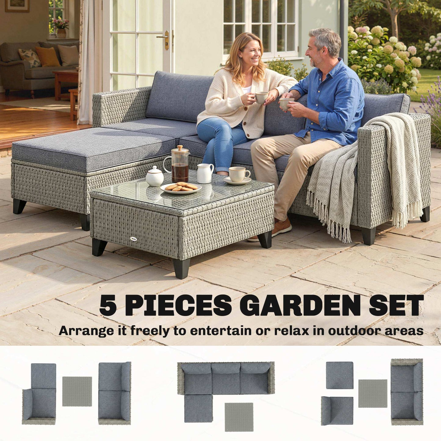 Outsunny 5-Piece Rattan Patio Furniture Set with Corner Sofa, Footstools, Coffee Table, for Poolside, Dark Grey