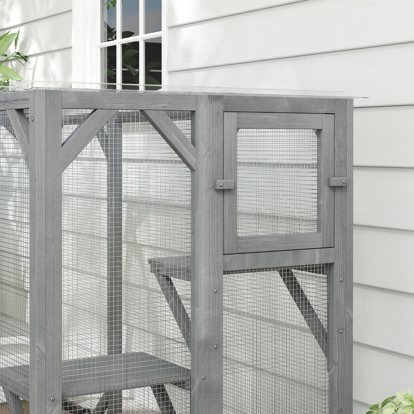 PawHut 71" Outdoor Wooden Cat House with Three Platforms, Large Door, Water-Resistant Roof, for Multiple Cats, Grey