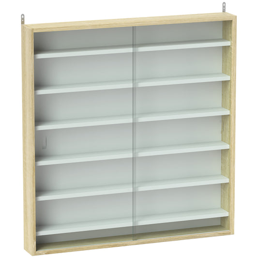 HOMCOM 7-Tier Wall Display Shelf Unit Cabinet w/ 6 Adjustable Shelves Glass Doors Home Office Ornaments 83x80cm, Oak