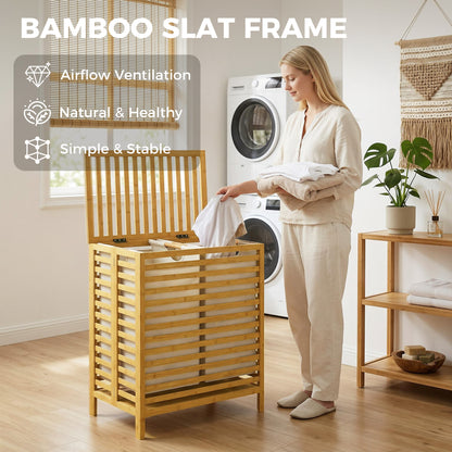 HOMCOM Bamboo Laundry Basket with Lid, 2 Baskets, Foldable, 64L, Natural and Cream White