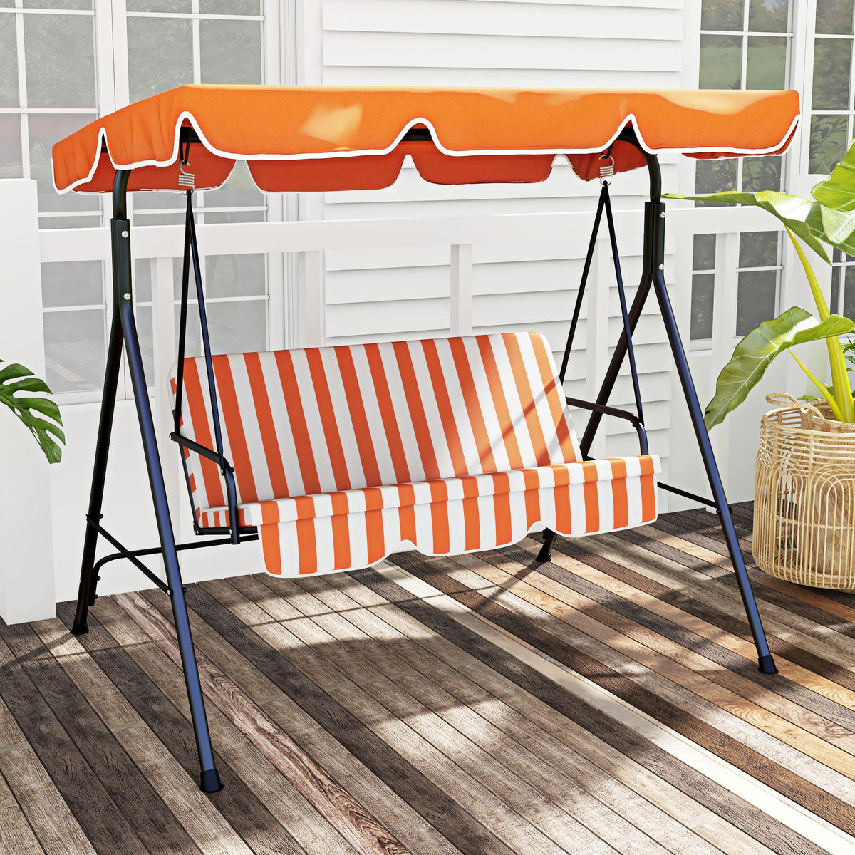 Outsunny 3 Seater Garden Swing Chair, Outdoor Swing Chair with Adjustable Canopy, Mental Frame & Cushions, Orange