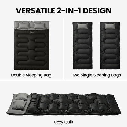 Outsunny Double Sleeping Bag with 2 Pillows, 220 x 160 cm Extra-Large Sleeping Bag for Adults, Black