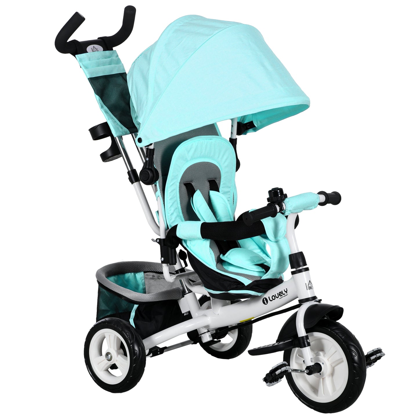 HOMCOM 6 in 1 Kids Trike with Parent Handle, Canopy, 5-point Seat Belt, Storage, Footrest, Brake, for 1-5 Years, Green
