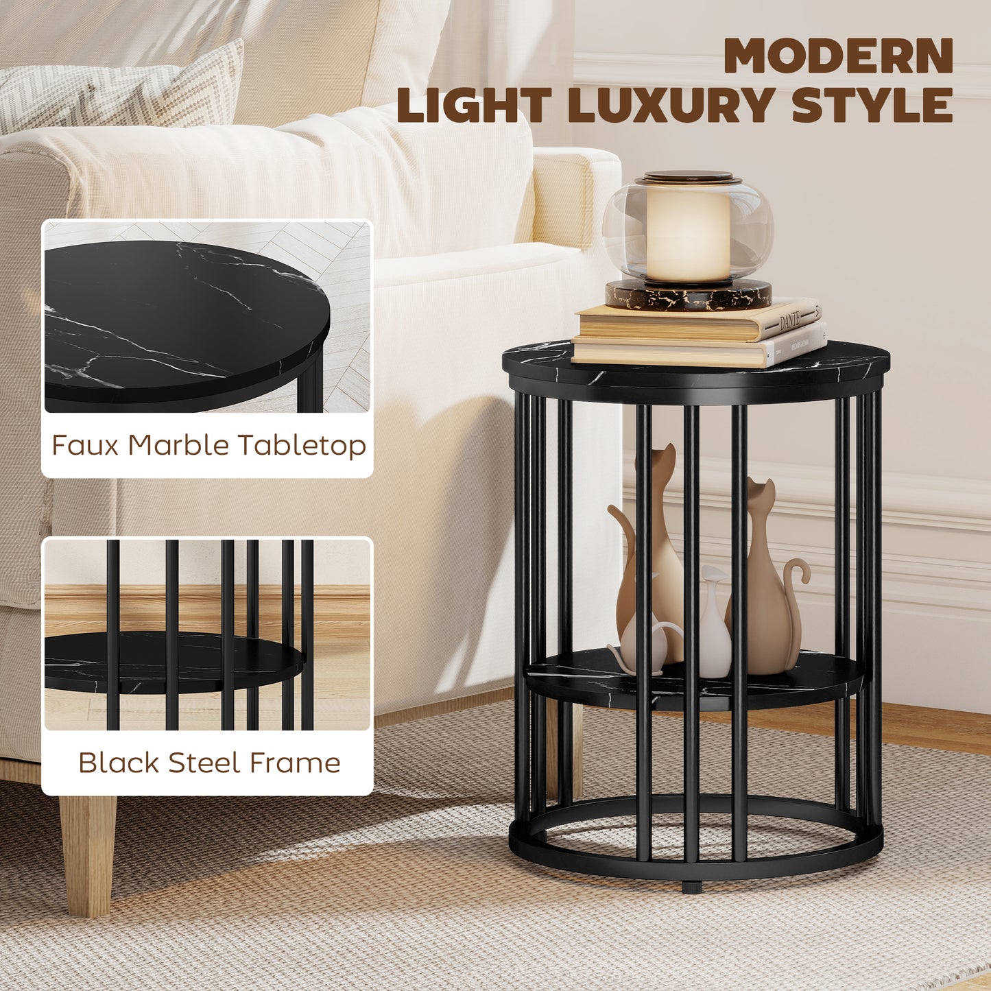 HOMCOM Set of Two Marble-Effect Coffee Tables - Black