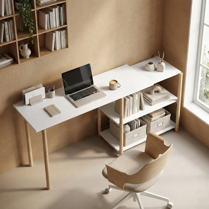HOMCOM Computer Desk with Storage Shelves Modern Writing Desk Bamboo Frame for Home Office 150 cm White and Oak