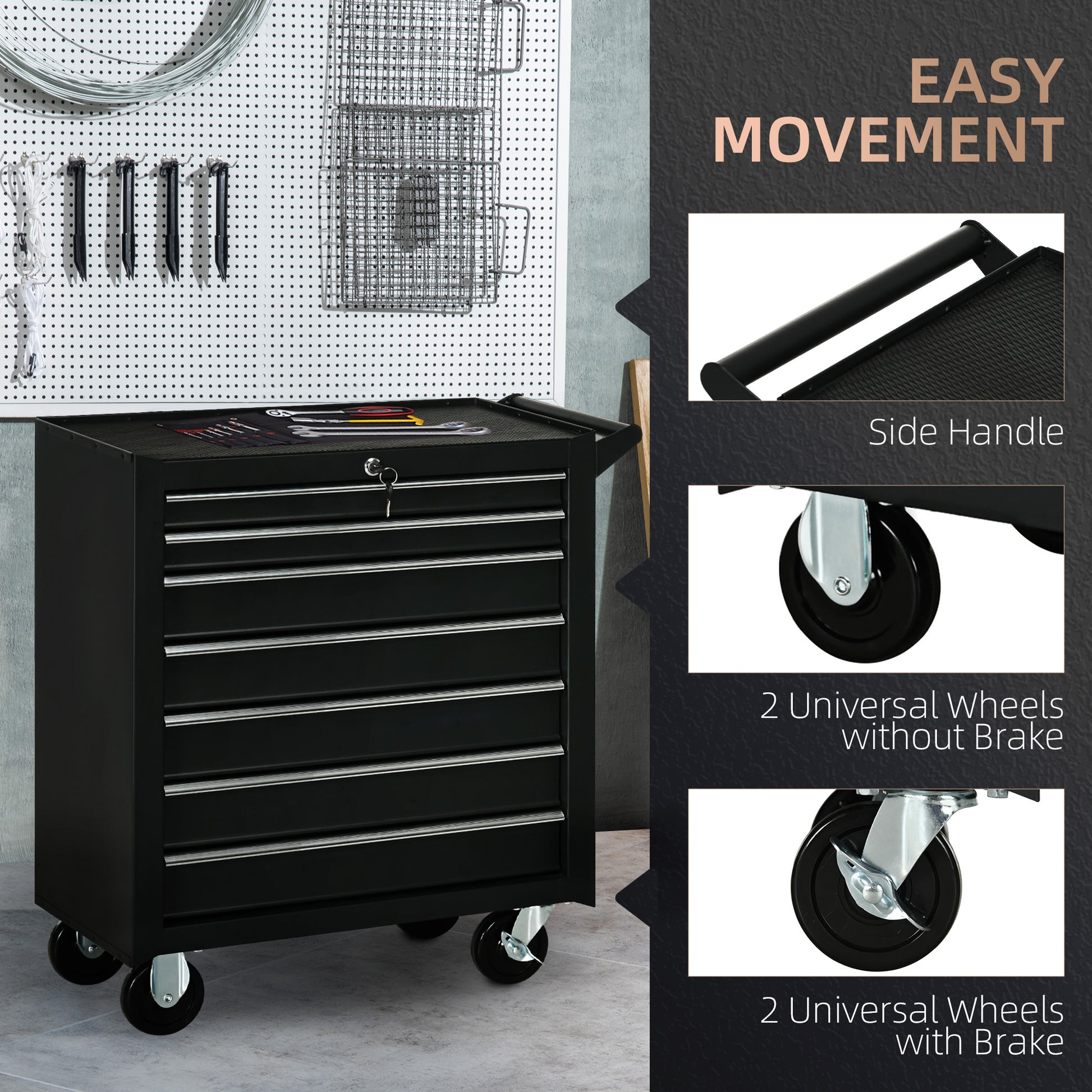 DURHAND 7-Drawer Tool Box on Wheels, Lockable Tool Cabinet with EVA Pat & Ball Bearing, Matte Black--ChewyGames-ChewyGames