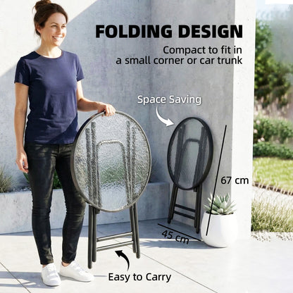 Outsunny Foldable Garden Table, Round Folding Table with Glass Tabletop and Safety Buckle for Patio, Garden, Outdoor, Indoor, Black