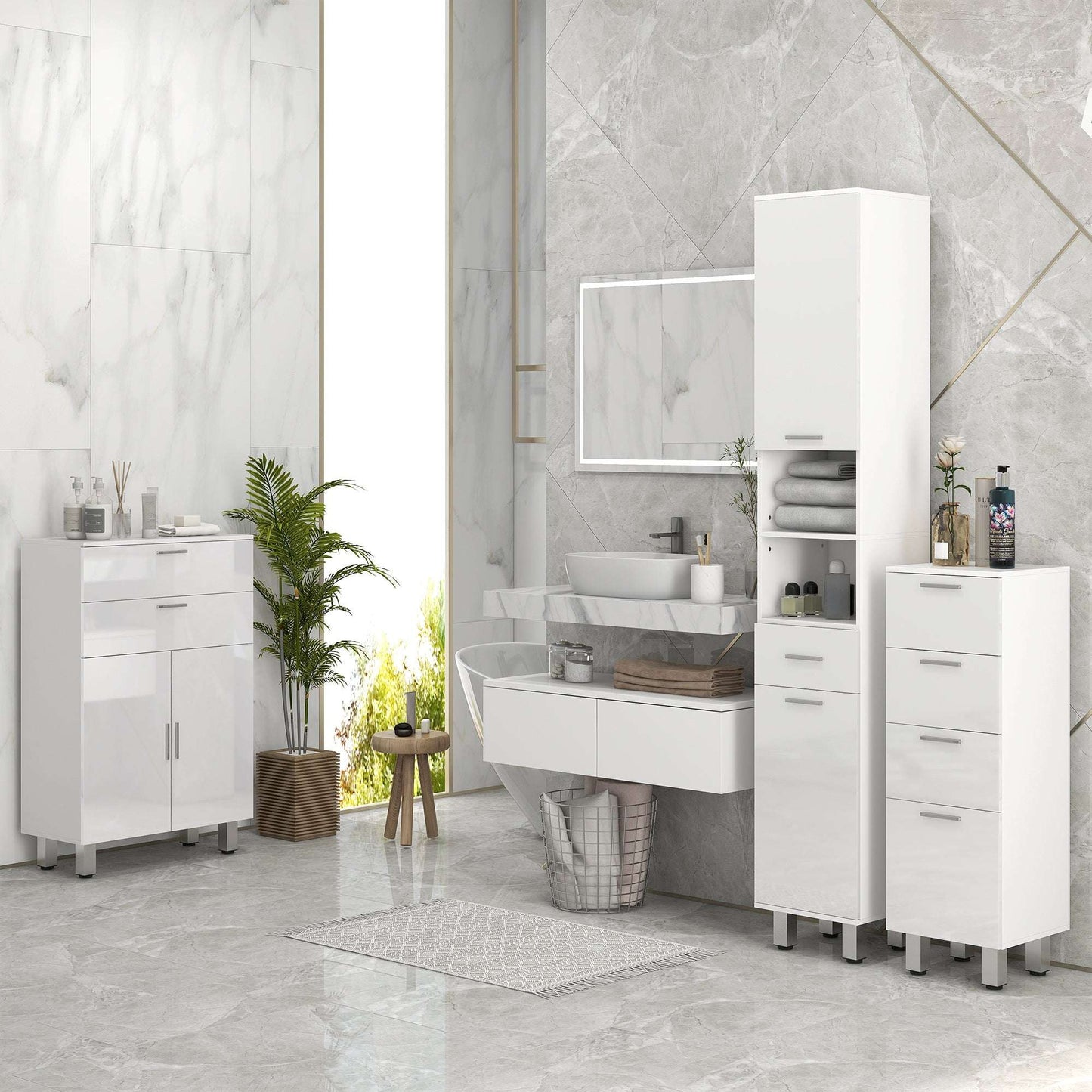 kleankin 71" Tall Slim Bathroom Storage Cabinet, Tall Narrow Cupboard with Drawer, Open Shelves, 2 Doors Cabinets and Adjustable Shelves for Kitchen, Hallway, Living Room, High Gloss White