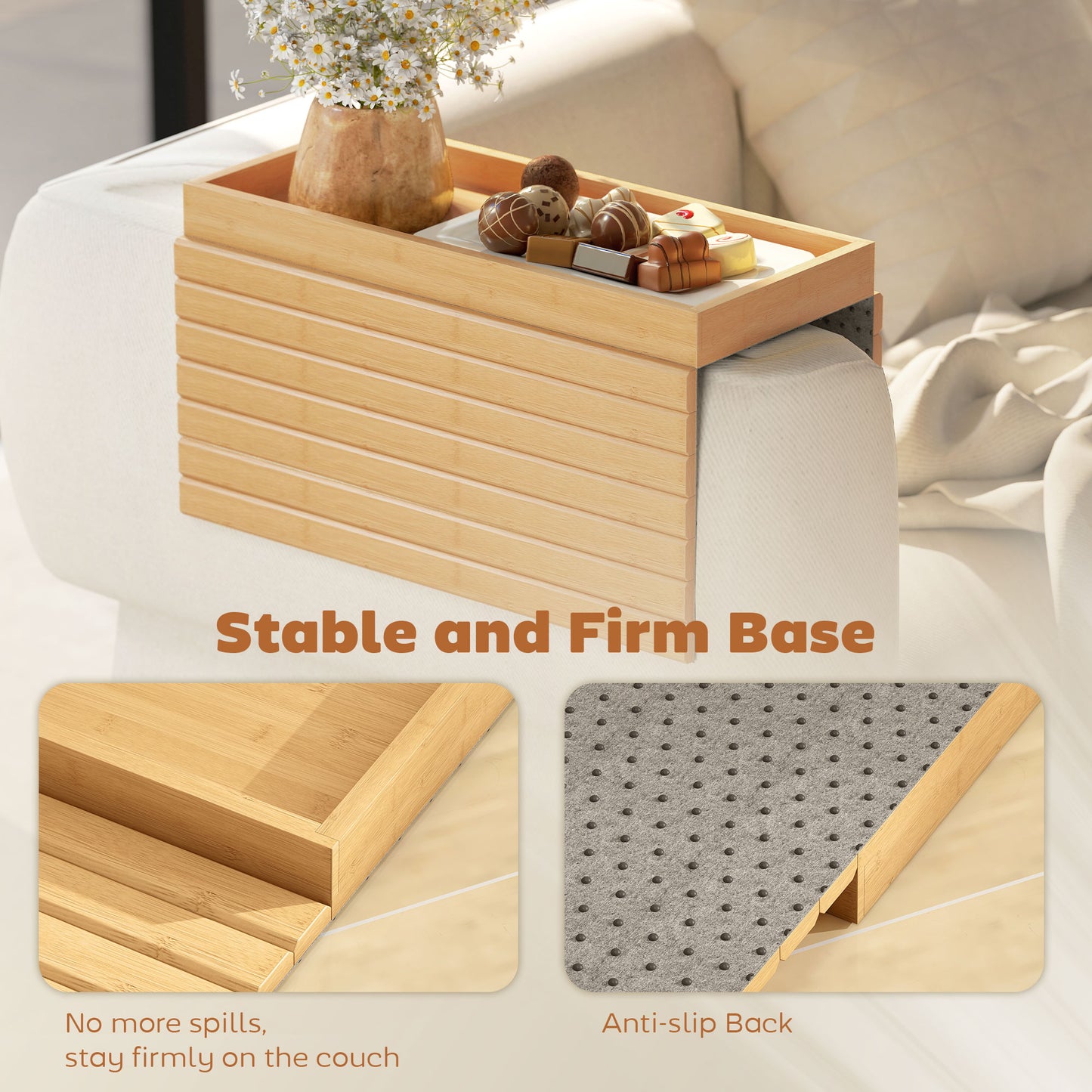HOMCOM Bamboo Sofa Arm Tray, Foldable Anti-Slip Armrest Tray for Drinks and Snacks, Natural Wood Finish