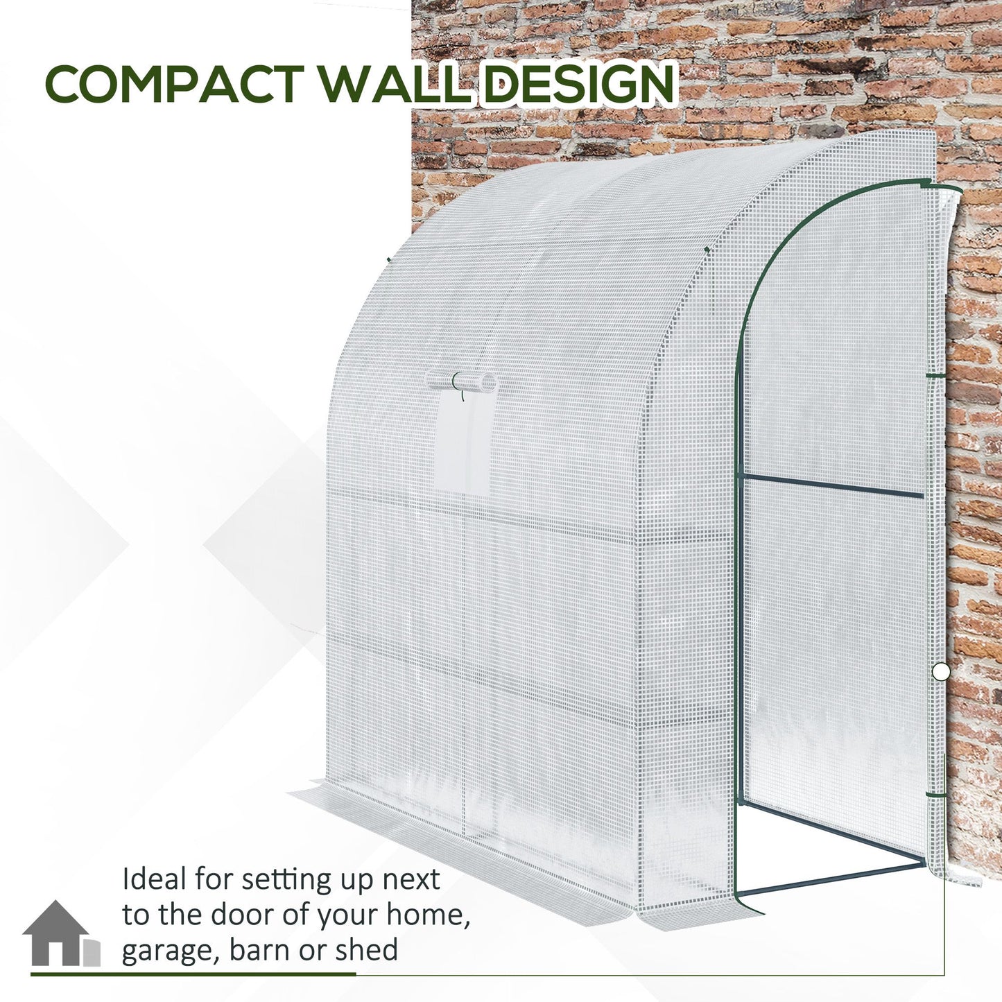 Outsunny Walk-In Lean to Wall Greenhouse with Windows and Doors, Outdoor Green House with 3 Tiers 4 Wired Shelves, 200L x 100W x 215Hcm, White