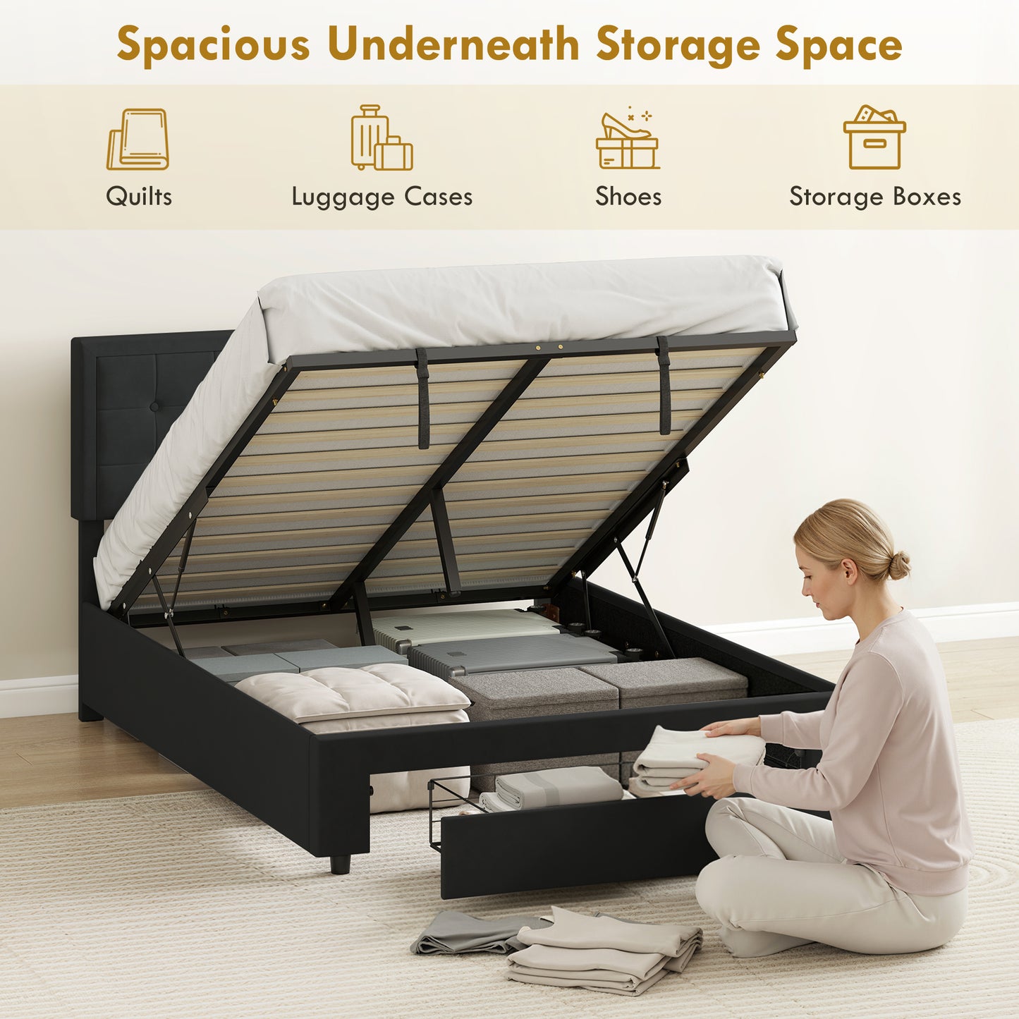 HOMCOM Double Ottoman Bed Frame, with Front Drawer Black