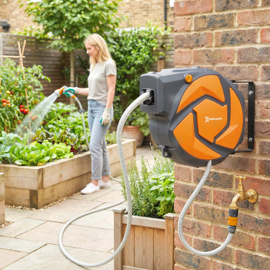 DURHAND 10m Garden Hose Reel Wall Mounted Auto Rewind with 7 Patterns Spray Nozzle, Includes Wall Fixings, Orange