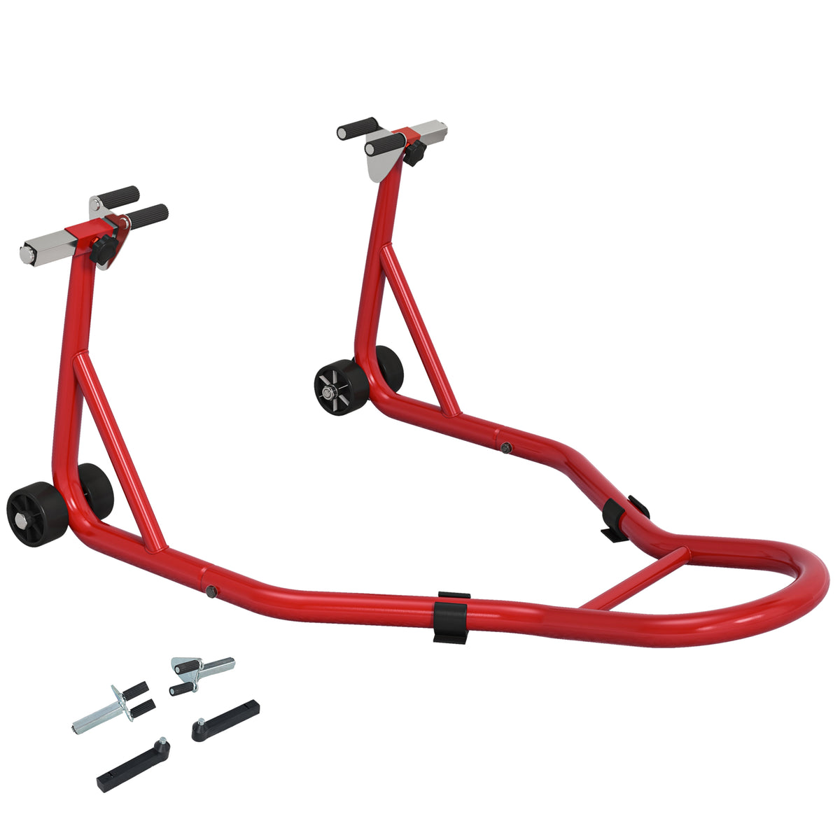 HOMCOM Front Motorcycle Paddock Stand Motorbike Stand with Anti-Slip Mat, Adjustable Pin and Swingarm Spool Adaptors, 200 kg Capacity, for 18", 17" and 10" Tyre, Red
