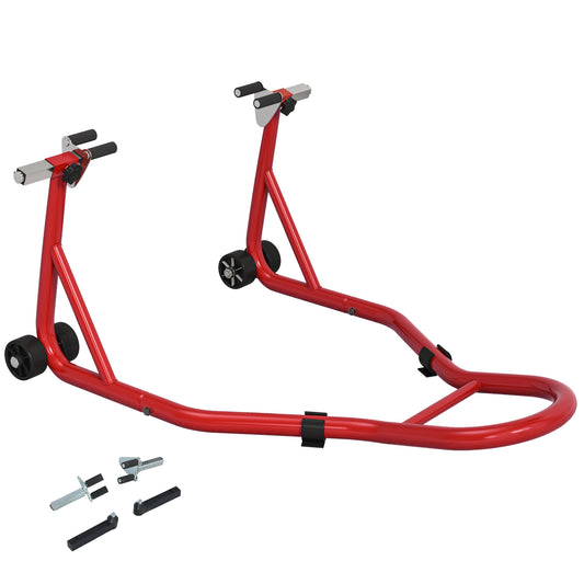 HOMCOM Front Motorcycle Paddock Stand Motorbike Stand with Anti-Slip Mat, Adjustable Pin and Swingarm Spool Adaptors, 200 kg Capacity, for 18", 17" and 10" Tyre, Red