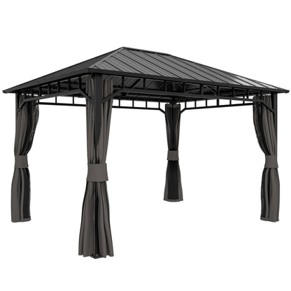 Outsunny 3 x 4m Hardtop Gazebo with Galvanised Steel Roof and Water Gutter, Waterproof Permanent Pavilion Garden Gazebo with Netting and Curtains for Patio, Deck