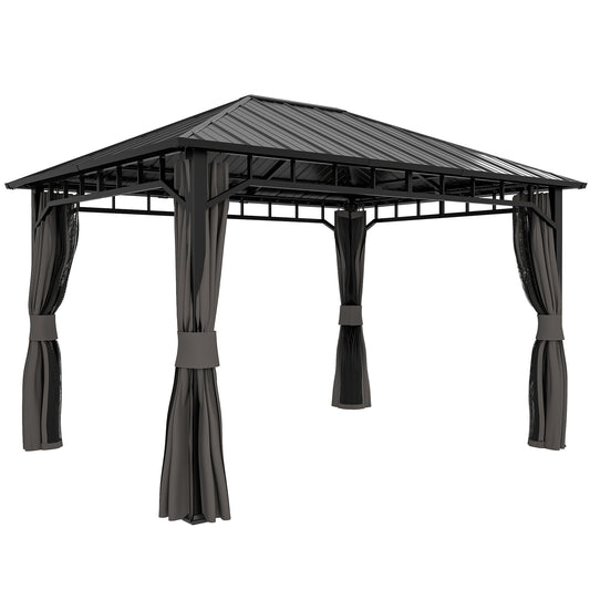 Outsunny 3 x 4m Hardtop Gazebo with Galvanised Steel Roof and Water Gutter, Waterproof Permanent Pavilion Garden Gazebo with Netting and Curtains for Patio, Deck