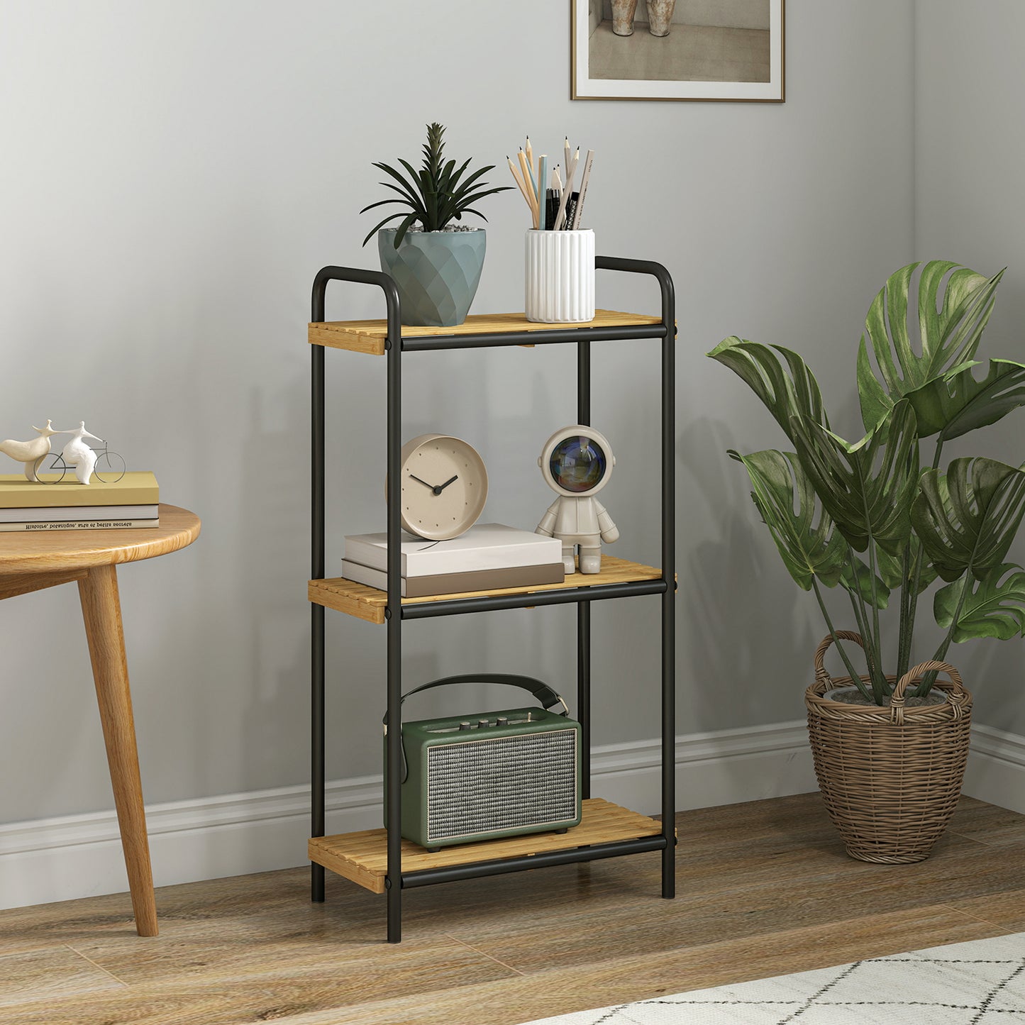 HOMCOM 3-Tier Bamboo Bathroom Storage Shelf, Freestanding Narrow Shelving Unit with Slatted Shelves for Kitchen Bathroom Living Room, 41.5 x 21.5 x 77.5 cm, Natural and Black