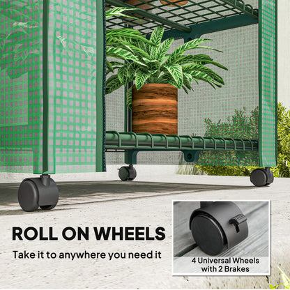 Outsunny 4 Tier Mini Portable Greenhouse Compact Plant Grow Shed Metal Frame PE Cover with Lockable Rolling Wheels , Green