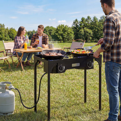 Outsunny Double Burner Camping Stove, 150,000 BTU High Pressure Camping Gas Stove with Detachable Legs, Black